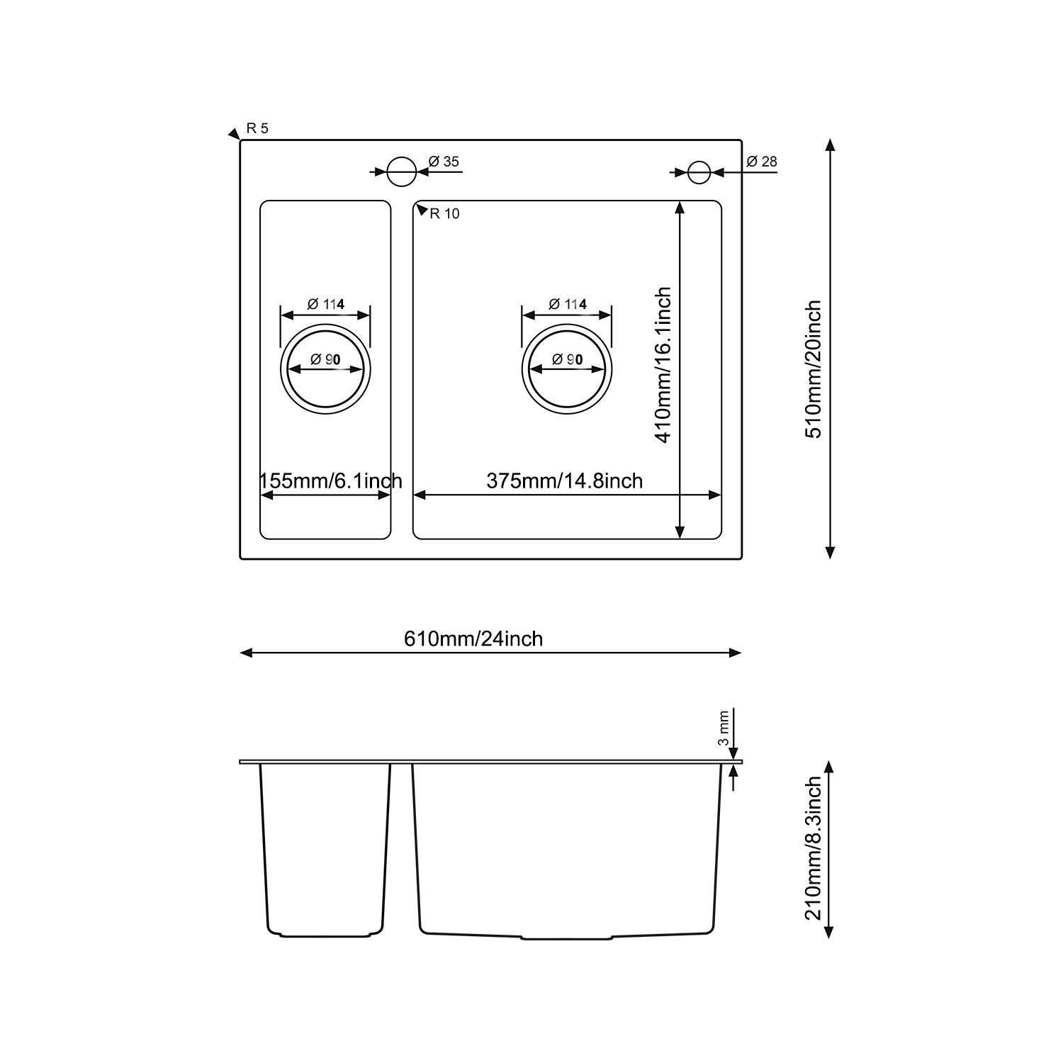 Rysunek techniczny złotego zlewozmywaka dwukomorowego 610×510×210 mm